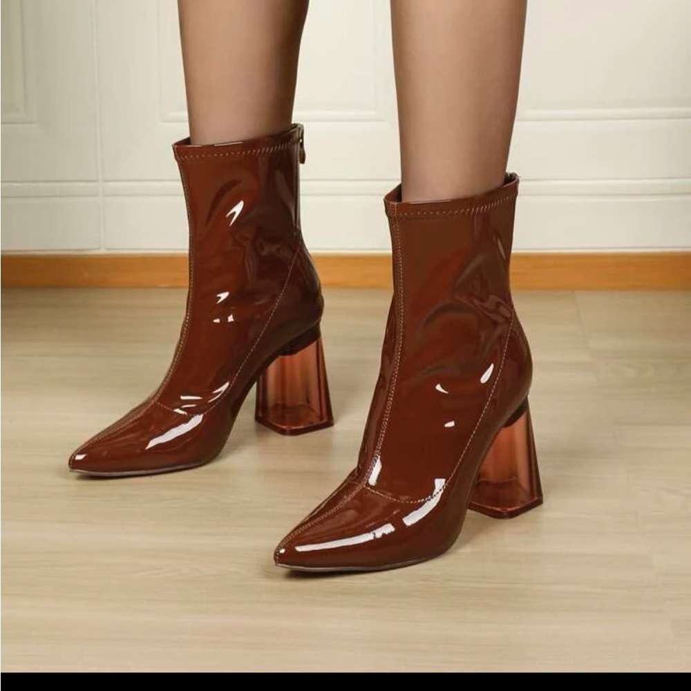 Brown patent booties